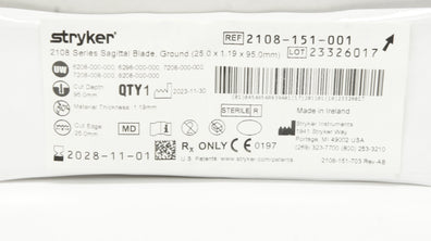 Stryker 2108-151-001 2108 Series Sagittal Blade,Ground(25.0 x 1.19 x 95.0mm)